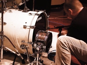 Fig. 1. Borden places an SM57 inside the bass drum and a Subkick on the outside
