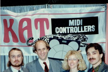 KAT percussion employees Greg Irwin, Bill Katoski, Maria Katoski and Mario DeCiutiis with a drumKAT MIDI percussion multipad in 1987